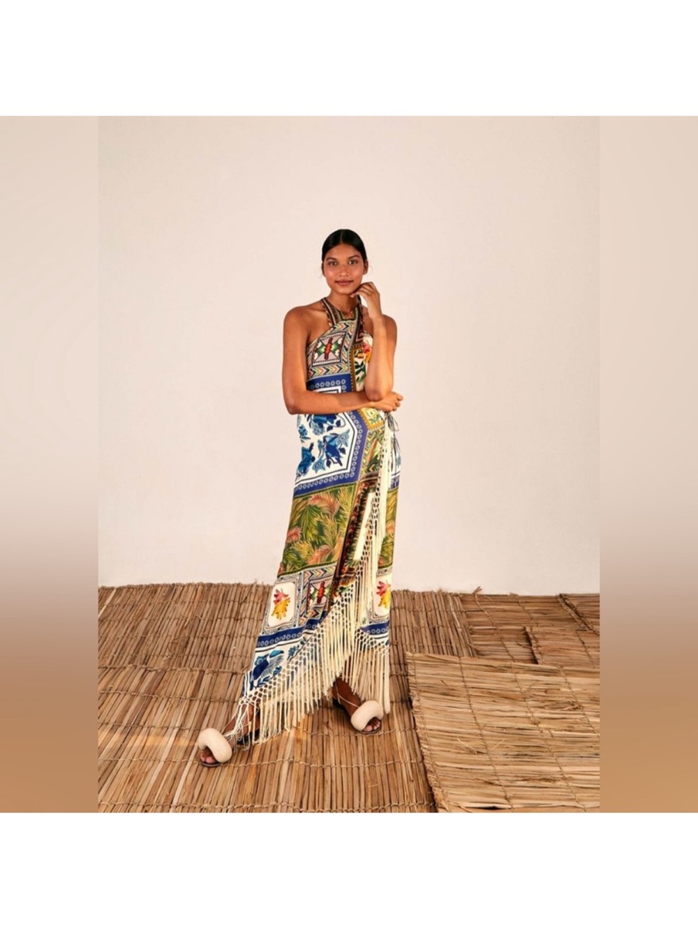 FARM Rio Multicolor Patchwork Halter Midi Dress with Fringe - Picture 2 of 3